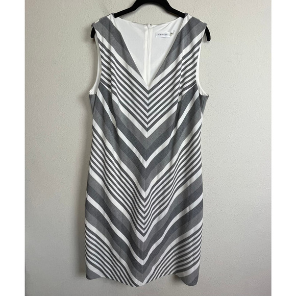 Calvin Klein Gray White Chevron Striped Sleeveless Fit Flare Dress‎ Size 14 - Picture 1 of 6